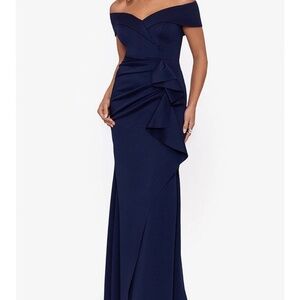 Stretch Off-the-Shoulder Short Sleeve Mermaid Gown with Ruffle